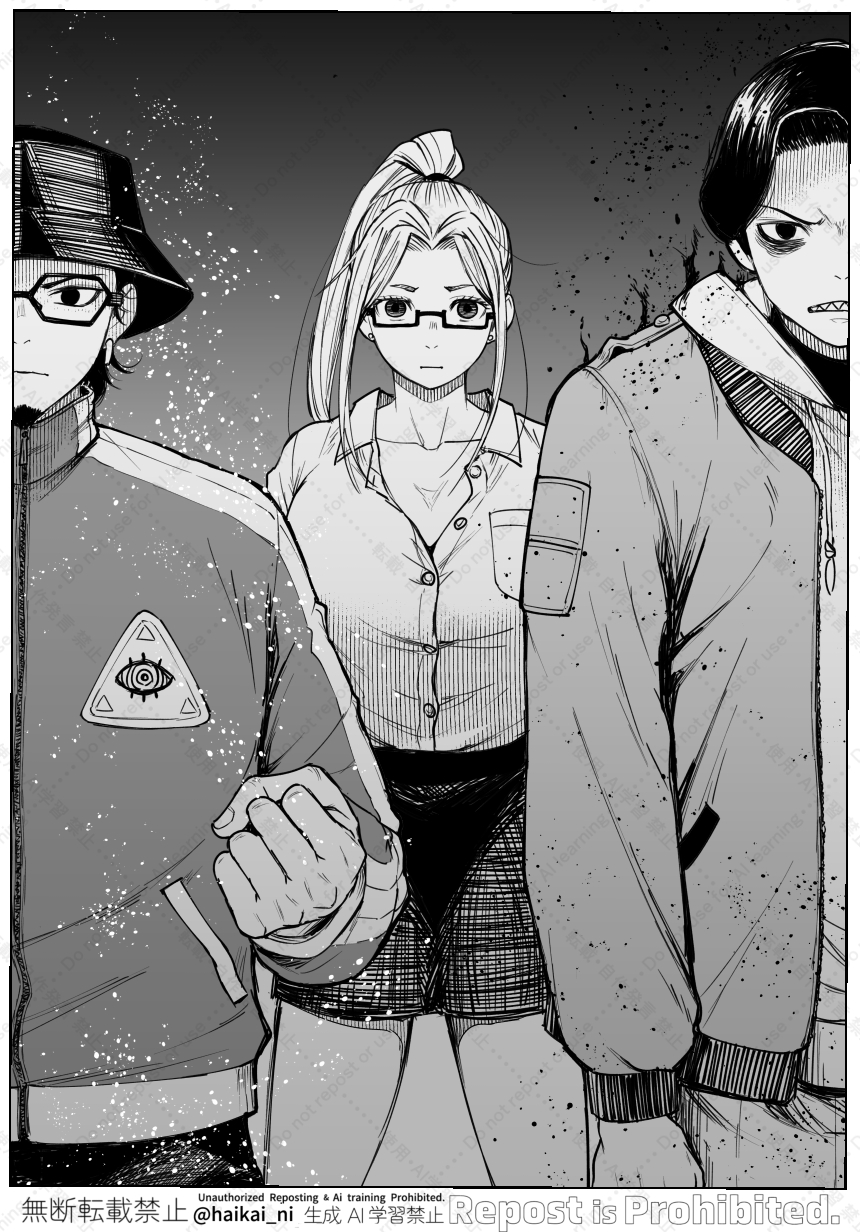 1girl, 2boys, ayase_seiko, black_skirt, bucket_hat, dandadan, facial_hair, glasses, greyscale, haikai_ni, hat, highres, jacket, kashimoto_(dandadan), looking_at_viewer, monochrome, multiple_boys, payase_(dandadan), ponytail, sharp_teeth, shirt, skirt, teeth, twitter_username, white_shirt