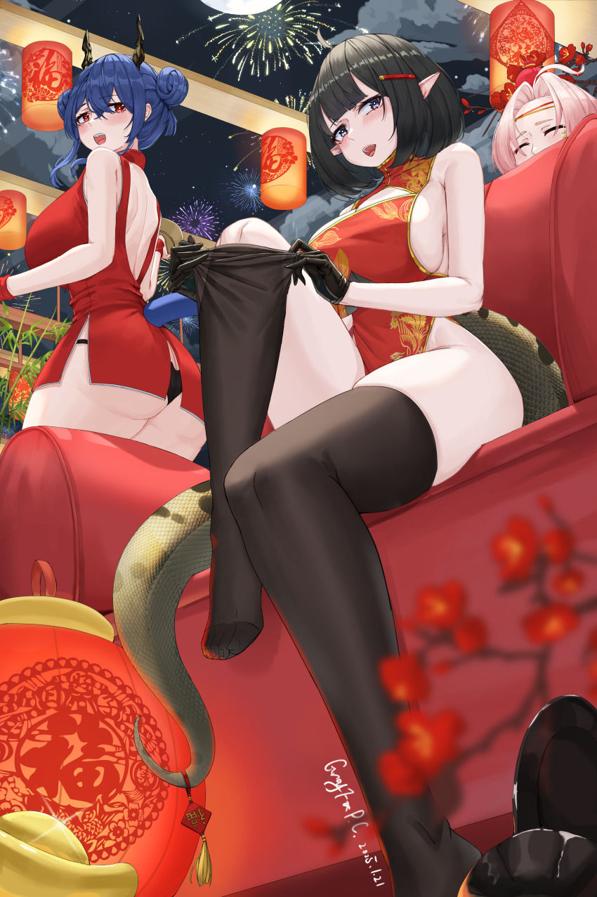 3girls, absurdres, arknights, artist_name, ass, black_hair, black_panties, black_thighhighs, blue_hair, breasts, ch'en_(arknights), china_dress, chinese_clothes, closed_eyes, commentary, dated, double_bun, dragon_girl, dragon_horns, dress, eunectes_(arknights), fireworks, from_below, grayfoxpochi, grey_eyes, hair_bun, highres, horns, lantern, large_breasts, long_hair, looking_at_viewer, multiple_girls, night, open_mouth, panties, paper_lantern, pink_hair, pointy_ears, putting_on_legwear, red_dress, red_eyes, rose_salt_(arknights), short_dress, skindentation, sky, snake_girl, snake_tail, tail, thick_thighs, thighhighs, thighs, underwear