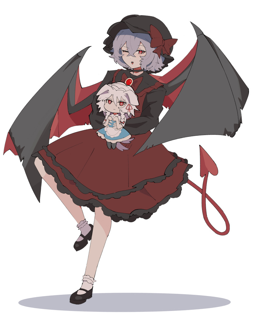 2girls, :|, absurdres, animal_ears, apron, bat_wings, black_hat, blue_dress