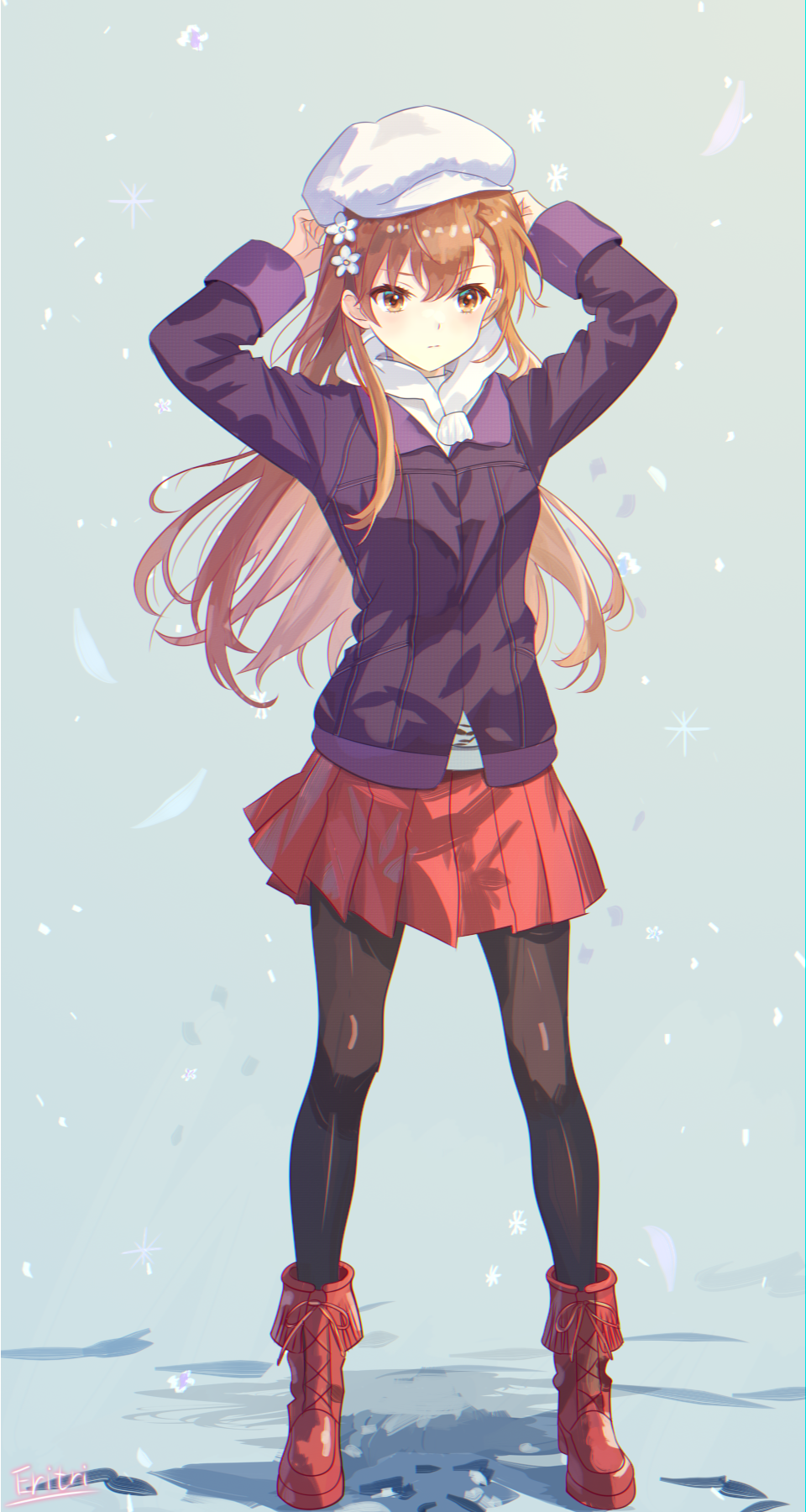 1girl, alternate_hair_length, alternate_hairstyle, artist_name, black_pantyhose, boots, brown_eyes, brown_hair