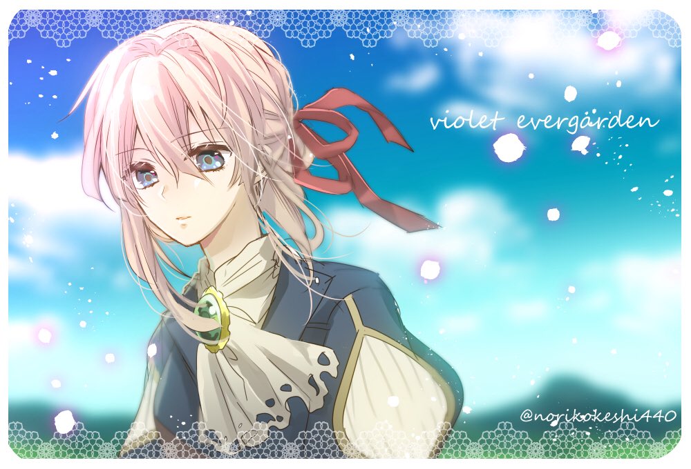 1girl, ascot, blonde_hair, blue_eyes, blue_sky, blunt_bangs, character_name, closed_mouth, commentary_request, copyright_name, hair_between_eyes, hair_ribbon, norikokeshi440, ponytail, puffy_sleeves, red_ribbon, ribbon, sidelocks, sky, solo, twitter_username, upper_body, violet_evergarden, violet_evergarden_(series), white_ascot