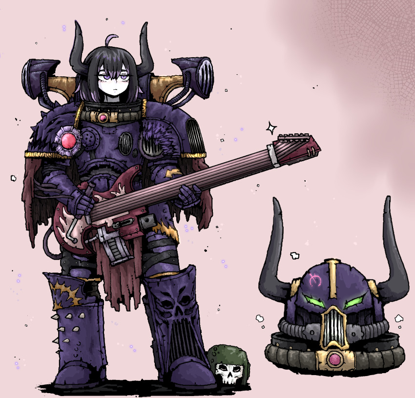 1girl, adeptus_astartes, ahoge, armor, black_hair, bolter, chaos_(warhammer), chaos_space_marine