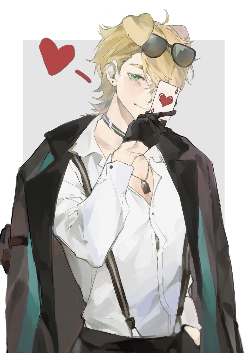 1boy, absurdres, ace_(playing_card), ahoge, ambience_synesthesia, animal_ears, arknights, arm_strap