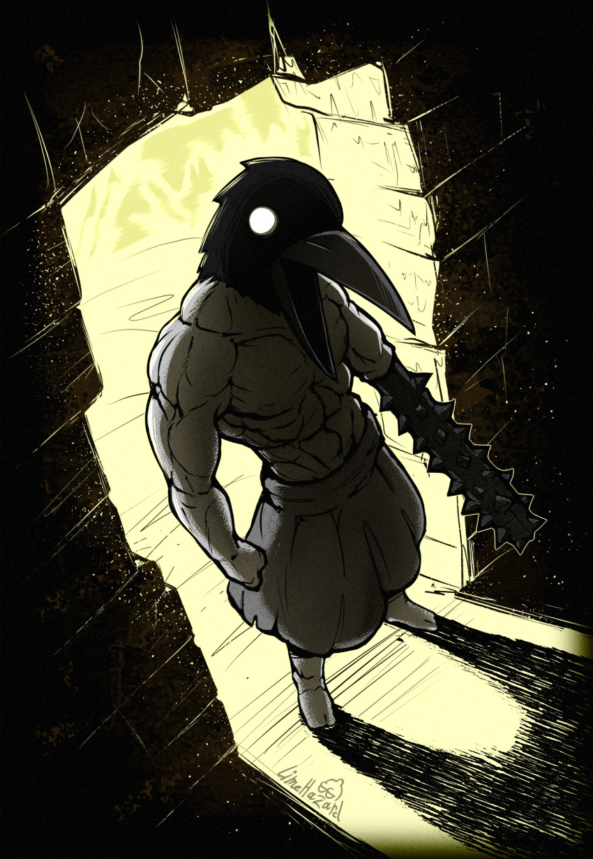 1boy, absurdres, arm_at_side, artist_name, bird_boy, commentary, crow_mauler, doorway