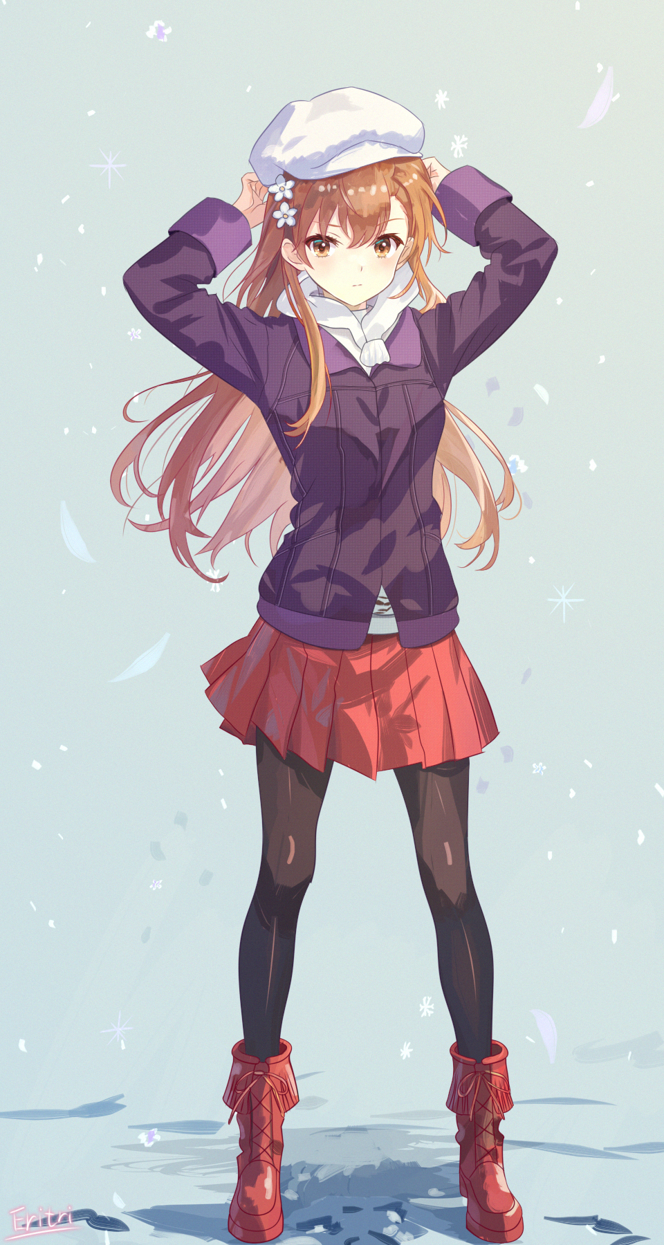 1girl, alternate_hair_length, alternate_hairstyle, artist_name, black_pantyhose, boots, brown_eyes, brown_hair