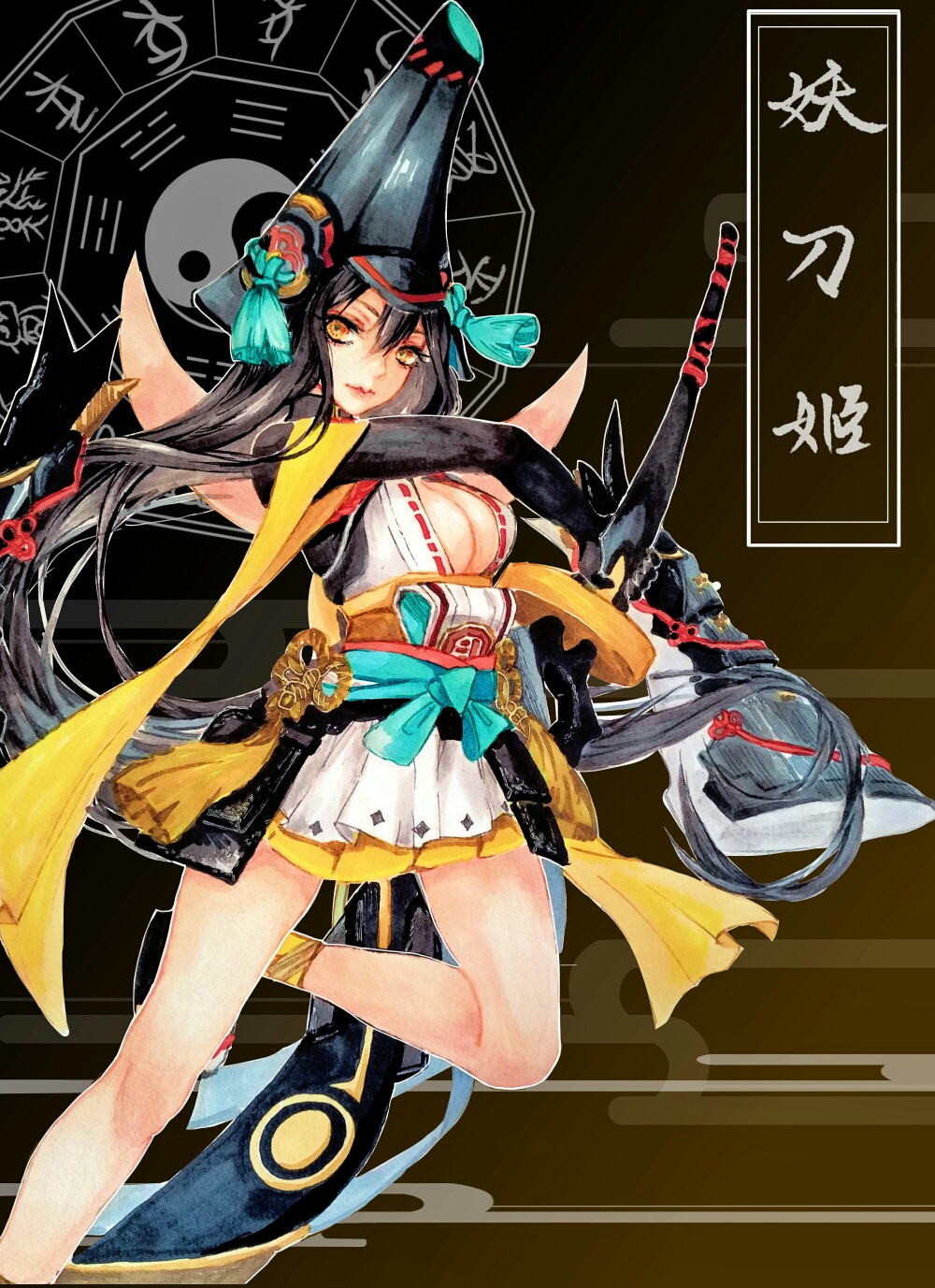 1girl, aqua_bow, armor, astar0w0, bare_legs, black_gloves, black_hair, black_hat