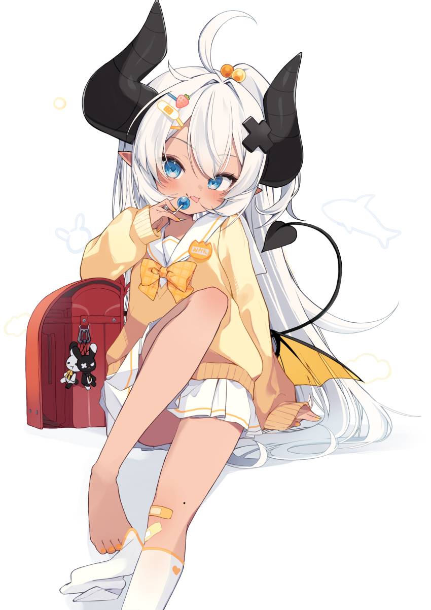 1girl, absurdres, asagawa_mikan, asagawa_mikan_(peachy_michi), backpack, bag, bandaid, bandaid_hair_ornament
