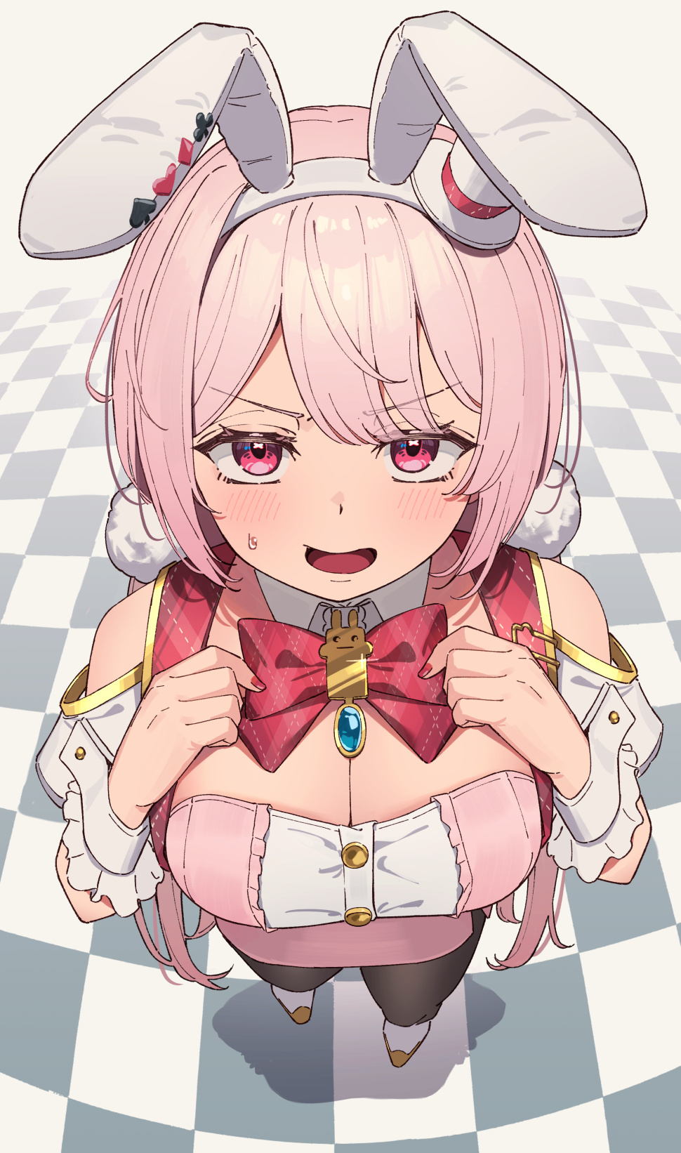 1girl, animal_ears, bare_shoulders, black_pantyhose, blue_gem, blush, bow, bowtie