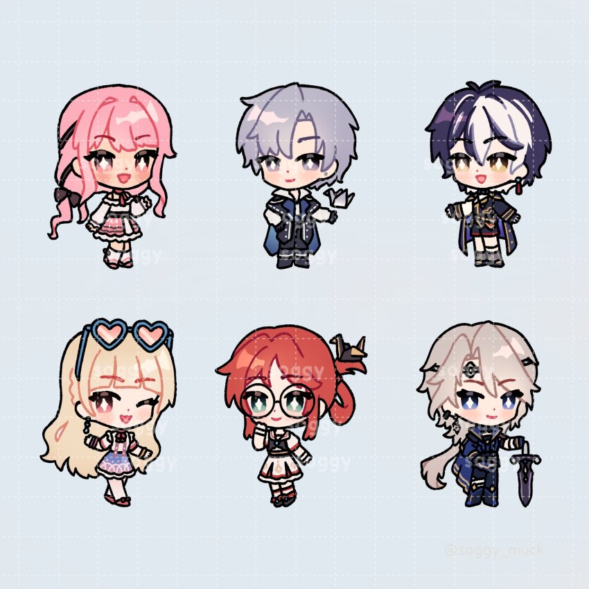 +_+, 3boys, 3girls, artist_name, asymmetrical_sleeves, belt, black-framed_eyewear, black_belt, black_bow, black_cape, black_coat, black_footwear, black_gloves, black_hair, black_jacket, black_pants, black_ribbon, black_shorts, black_vest, blonde_hair, blue-framed_eyewear, blue_background, blue_bow, blue_bowtie, blue_cape, blue_coat, blue_skirt, blunt_bangs, bow, bow_choker, bow_legwear, bowtie, bra_strap, braid, brown_eyes, buttons, cape, center_frills, character_request, chibi, choker, circlet, closed_mouth, coat, coat_on_shoulders, collared_shirt, commentary, dada_(infinity_nikki), dot_nose, dress, earrings, english_commentary, eyewear_on_head, footwear_bow, frilled_shirt, frilled_sleeves, frills, giovanni_(infinity_nikki), glasses, gloves, gradient_clothes, gradient_skirt, green_eyes, grey_hair, grey_socks, hair_bow, hair_intakes, hair_ornament, hair_ribbon, hair_rings, hand_on_own_cheek, hand_on_own_face, hand_on_own_hip, happy, heart, heart-shaped_eyewear, highres, holding, holding_sword, holding_weapon, infinity_nikki, jacket, jewelry, kneehighs, layered_skirt, leg_belt, light_blush, long_hair, long_sleeves, low_ponytail, low_twintails, miniskirt, mismatched_sleeves, multicolored_hair, multiple_boys, multiple_girls, nikki_(nikki), nikki_(series), nonoy_(infinity_nikki), object_floating_above_hand, off-shoulder_shirt, off_shoulder, one_eye_closed, open_clothes, open_coat, open_mouth, origami, outstretched_hand, pants, paper_crane, pink-framed_eyewear, pink_bow, pink_bowtie, pink_choker, pink_hair, pink_shoes, pink_skirt, ponytail, puffy_long_sleeves, puffy_short_sleeves, puffy_sleeves, purple_eyes, red_hair, ribbon, ribbon-trimmed_cape, round_eyewear, sailor_collar, shirt, shoes, short_hair, short_sleeves, shorts, side_braid, simple_background, single_hair_ring, skirt, sleeves_past_wrists, smile, snowflake_print, socks, soggy_muck, sparkling_eyes, standing, sunglasses, sword, tan_youyou_(infinity_nikki), tassel, tassel_earrings, tress_ribbon, twintails, two-sided_cape, two-sided_coat, two-sided_fabric, two-tone_hair, very_long_hair, vest, watermark, watermark_grid, wavy_hair, weapon, white_dress, white_hair, white_sailor_collar, white_shirt, white_skirt, white_sleeves, white_socks, yellow_eyes