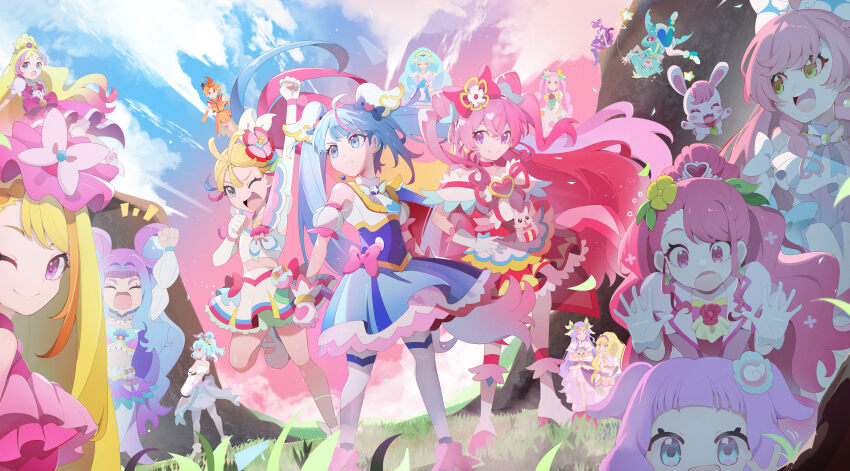 1boy, 6+girls, absurdres, animal, animal_ears, aqua_boots, aqua_dress, aqua_hair