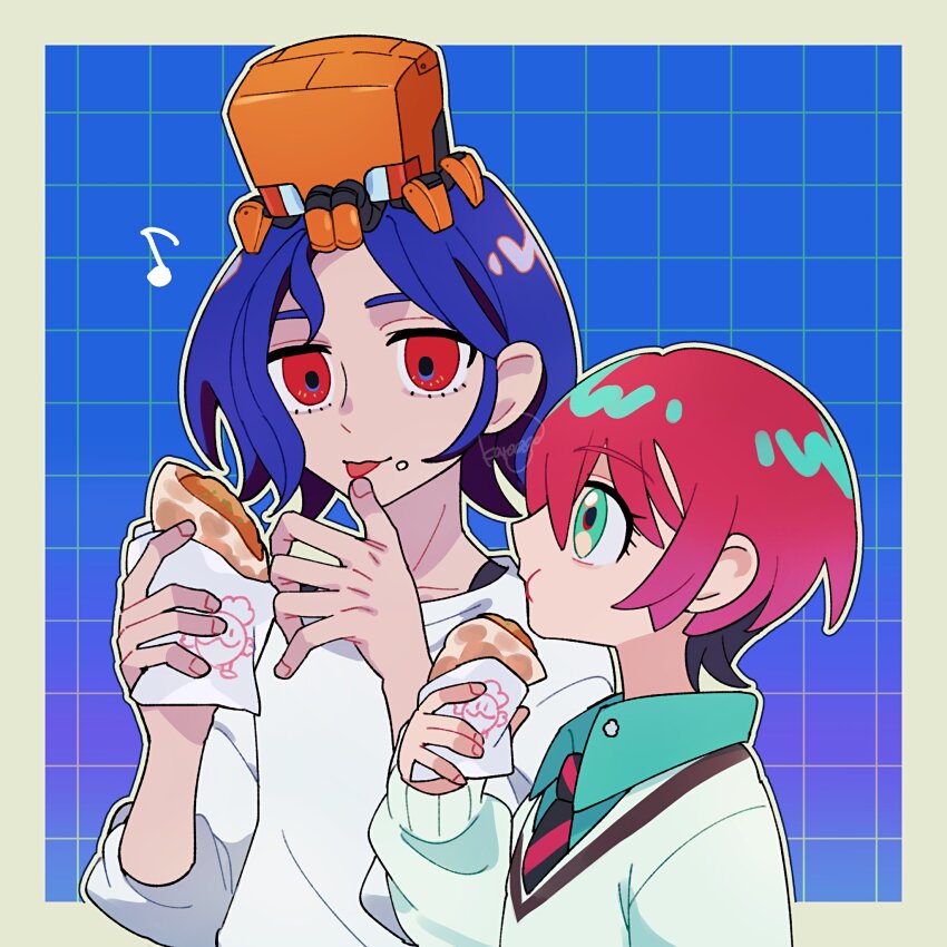 1boy, 1girl, amate_yuzuriha, aqua_eyes, blue_hair, closed_mouth, eating, food