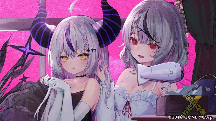 2girls, absurdres, ahoge, black_choker, black_hair, black_horns, braid, braided_bangs, breasts, camisole, choker, cleavage, closed_mouth, commentary_request, copyright_notice, demon_horns, elbow_gloves, frilled_camisole, frills, fushimi_sameta, gloves, grey_hair, hair_dryer, hair_ornament, hairclip, hand_in_another's_hair, highres, holding, holding_hair_dryer, hololive, horns, la+_darknesss, large_breasts, long_hair, looking_at_viewer, medium_hair, multicolored_hair, multiple_girls, official_art, pointy_ears, purple_hair, red_eyes, sakamata_chloe, slit_pupils, streaked_hair, striped_horns, two-tone_hair, virtual_youtuber, white_camisole, white_gloves, x_hair_ornament, yellow_eyes, zuutto_issho_(kitani_tatsuya)