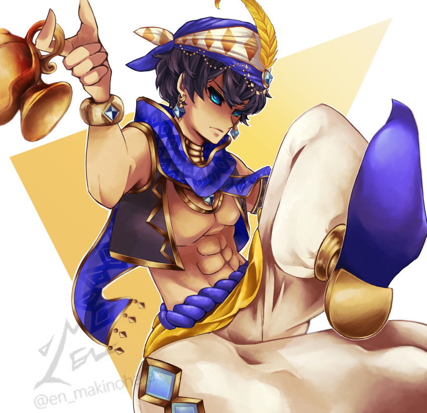 1boy, arabian_clothes, baggy_pants, black_hair, black_sclera, blue_eyes, blue_footwear, blue_scarf, closed_mouth, colored_sclera, earrings, en_makinohara, feathers, grimms_echoes, highres, holding_lamp, jewelry, male_focus, muscular, muscular_male, oil_lamp, pants, pointy_shoes, scarf, shaded_face, shoes, short_hair, solo, turban, twitter_username, void_aladdin_(grimms_echoes)