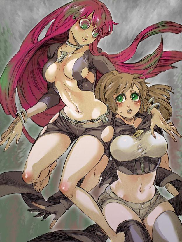 2girls, barefoot, blush, breasts, brown_hair, chain, character_request, cleavage, crop_top, female_focus, green_eyes, jpeg_artifacts, large_breasts, legs, mankintan, midriff, mithra_(psyren), multiple_girls, navel, psyren, red_hair, shirt, short_shorts, shorts, skindentation, taut_clothes, taut_shirt, tenjuin_marie, thighhighs, thighs