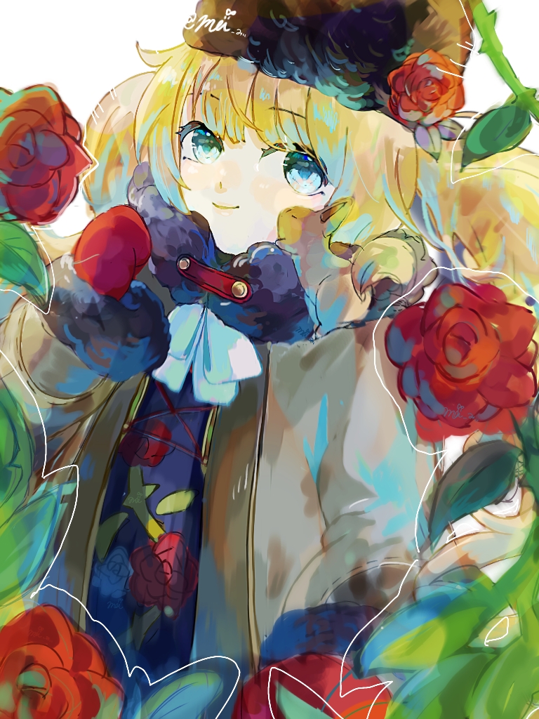 1girl, artist_name, black_hat, blonde_hair, blue_eyes, brown_coat, coat, flower