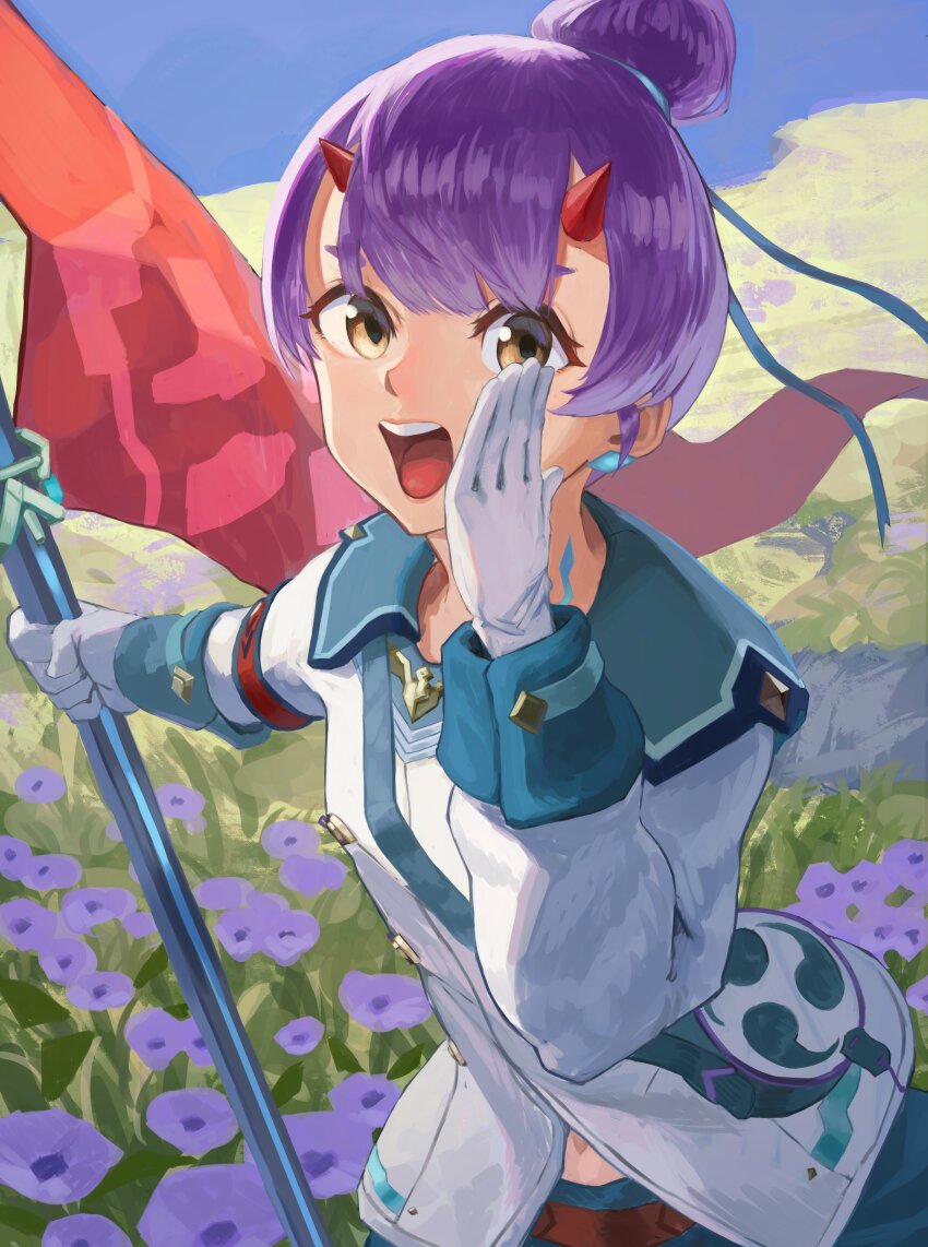 1girl, absurdres, brown_eyes, center-flap_bangs, commentary_request, field, fiona_(xenoblade), flag