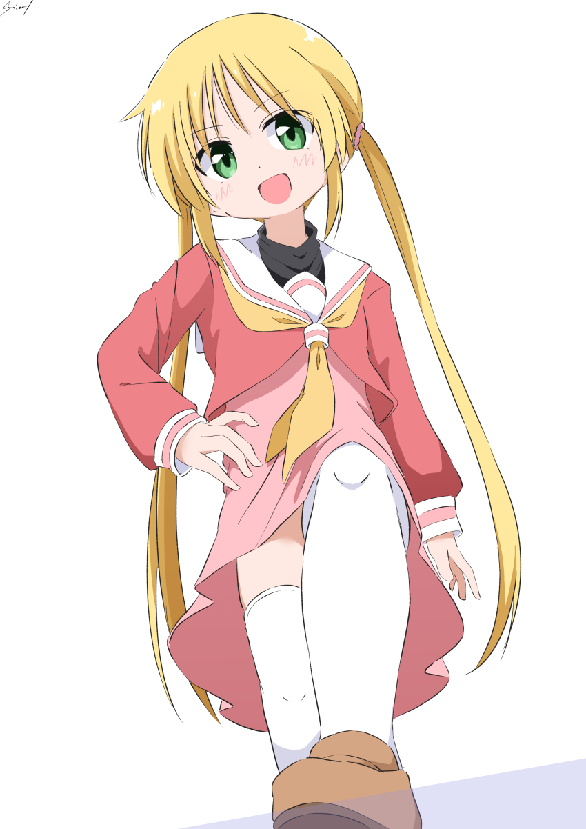 1girl, :d, absurdres, black_shirt, blonde_hair, blush, brown_shoes, child