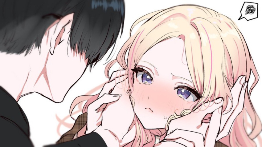 1boy, 1girl, black_hair, blonde_hair, blush, facing_another, forehead, gakuen_idolmaster