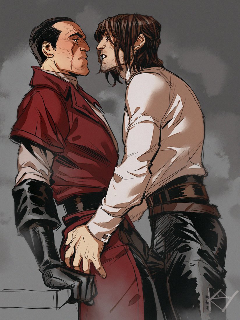 2boys, arm_support, beard_stubble, belt, black_gloves, black_hair, black_pants, brown_belt, brown_eyes, brown_hair, closed_mouth, coat, commentary_request, corvo_attano, daud_(dishonored), dishonored, dishonored_2, elbow_gloves, eye_contact, facial_hair, frown, gloves, hair_behind_ear, hands_on_another's_hips, kaysd999, lapels, long_sleeves, looking_at_another, male_focus, multiple_boys, notched_lapels, pants, red_coat, russian_commentary, scar, scar_on_face, shirt, shirt_tucked_in, short_hair, sideburns, signature, stubble, white_shirt, yaoi