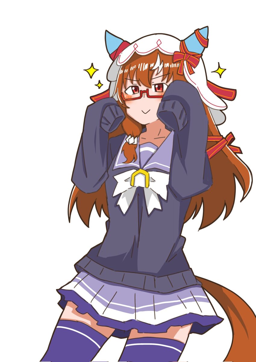 1girl, adjusting_eyewear, animal_ears, bespectacled, breasts, cardigan, collarbone, commentary_request
