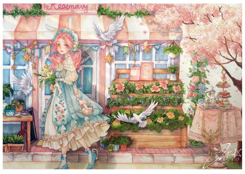 1girl, accurate_lolita_coord, animal_ear_hairband, animal_ears, astar0w0, bag, bird, blue_bow, blue_dress, blue_eyes, blue_footwear, border, bouquet, bow, bow_legwear, bracelet, cactus, cake, capelet, cherry_blossoms, chinese_commentary, circlet, commentary_request, cup, cupcake, dated, day, dove, dress, eyelashes, fake_animal_ears, falling_petals, floral_print, flower, food, forehead, frilled_capelet, frilled_dress, frilled_hairband, frills, full_body, garland_(decoration), hair_bow, hair_ornament, hairband, handbag, hanging_plant, happy, high_heels, holding, holding_bag, holding_bouquet, jewelry, layered_dress, light_blush, lily_(flower), lolita_fashion, long_dress, long_hair, looking_at_viewer, miracle_nikki, nikki_(nikki), nikki_(series), open_mouth, outdoors, petals, pink_flower, pink_hair, pom_pom_(clothes), pom_pom_hair_ornament, puffy_short_sleeves, puffy_sleeves, rabbit_and_camellias_(miracle_nikki), rabbit_ear_hairband, rabbit_ears, ribbon-trimmed_hairband, rose_print, saucer, see-through_clothes, see-through_sleeves, shop, short_sleeves, signature, sleeve_bow, smile, socks, solo, spring_(season), striped_clothes, striped_socks, swiss_roll, table, teacup, teapot, teeth, tree, upper_teeth_only, vertical-striped_clothes, vertical-striped_socks, waist_bow, walking, wavy_hair, white_border, white_bow, white_capelet, white_dress, white_flower, white_hairband, white_socks