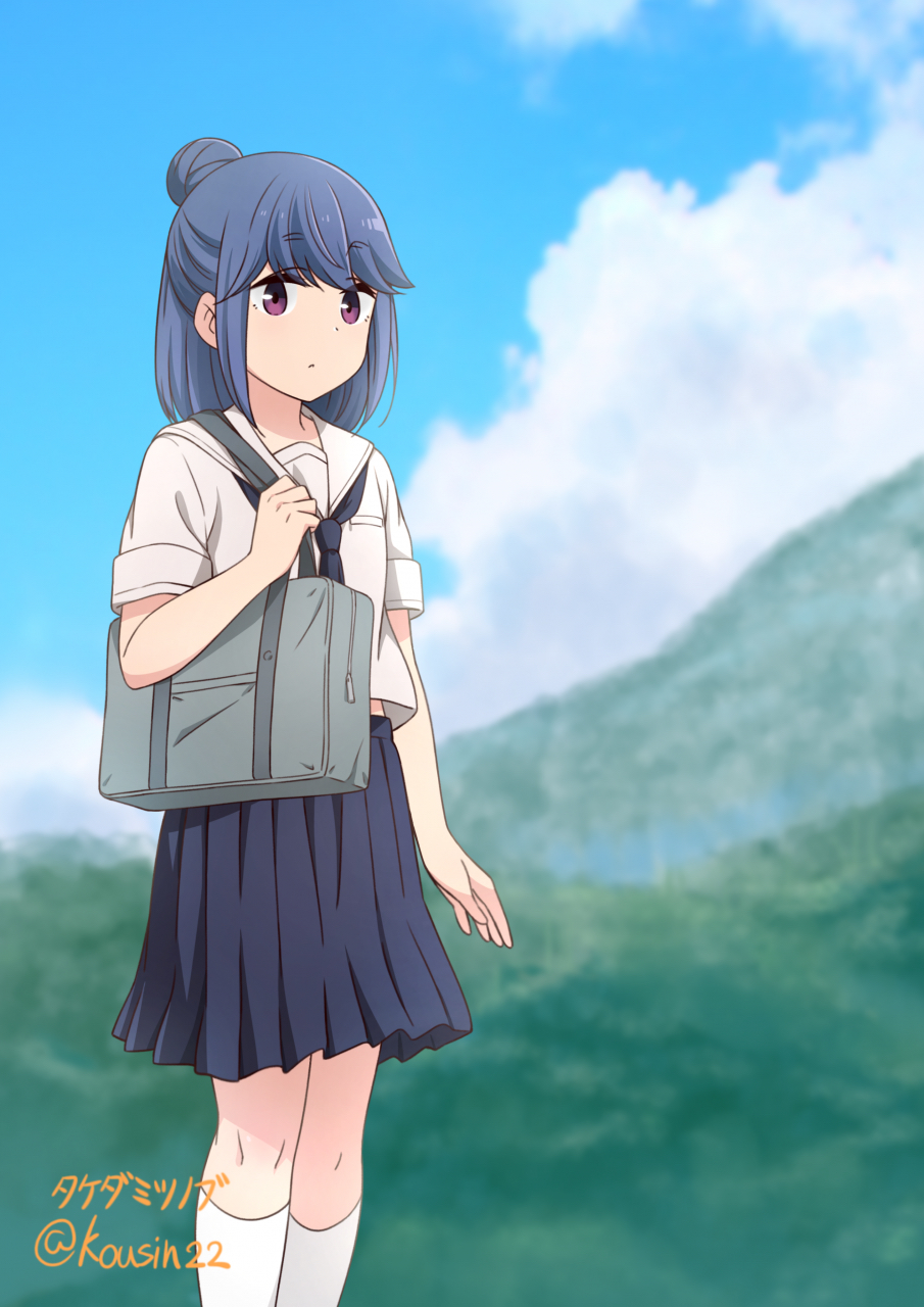 1girl, aged_down, bag, black_neckerchief, black_skirt, blue_hair, blue_sky, closed_mouth