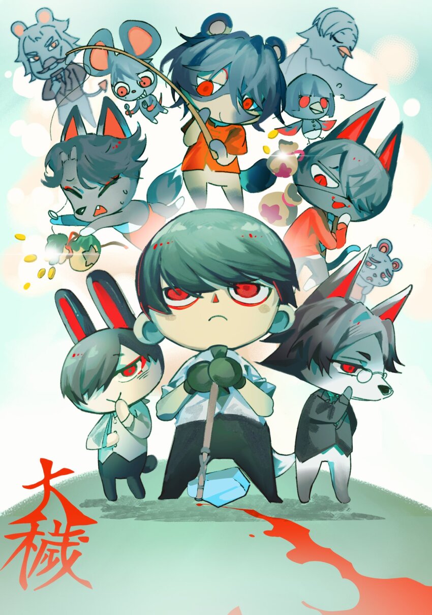 6+boys, :>, animal_crossing, animal_ears, aomi_(ooe), apron, ariake_(ooe), arm_sling, axe, bear_boy, beard, bird_boy, black_gloves, black_hair, black_jacket, black_pants, blood, blue_necktie, cat_boy, chinese_commentary, closed_eyes, coin, collared_shirt, copyright_name, daiba_shizuma, eyepatch, facial_hair, fang, fishing_rod, flying_sweatdrops, fork, fox_boy, full_body, funeno_(ooe), gakuran, glasses, gloves, hair_over_one_eye, hand_to_own_mouth, highres, hinode_(ooe), holding, holding_axe, holding_fishing_rod, holding_fork, holding_spoon, jacket, lion_boy, long_sleeves, looking_ahead, looking_at_viewer, looking_down, male_focus, mouse_boy, multiple_boys, mustache, necktie, nintendo, ooe_(game), oosaki_(ooe), open_mouth, pants, pince-nez, pouch, qincaihefan, rabbit_boy, rabbit_ears, raccoon_boy, red_apron, red_eyes, red_shirt, round_eyewear, school_uniform, shijoumae_(ooe), shinbashi_(ooe), shiodome_(ooe), shirt, short_hair, spoon, standing, sweatdrop, takeshiba_(ooe), toyosu_(ooe), white_background, white_shirt, wolf_boy
