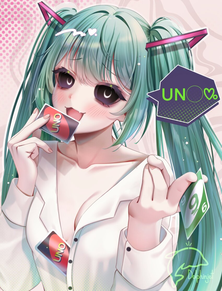 1girl, :3, :d, abstract_background, artist_logo, artist_name, between_fingers, black_sclera, blush, breasts, card, card_between_fingers, collarbone, colored_sclera, colored_speech_bubble, dolphinjet, dotted_background, dress_shirt, fang, fingernails, green_hair, hands_up, hatsune_miku, heart, highres, holding, holding_card, logo, long_hair, long_sleeves, looking_ahead, medium_breasts, mimukauwa_nice_try_(vocaloid), no_bra, open_mouth, partially_unbuttoned, pink_background, shirt, skin_fang, sleeve_cuffs, smile, solo, speech_bubble, spoken_heart, twintails, uno_(game), upper_body, vocaloid, white_shirt