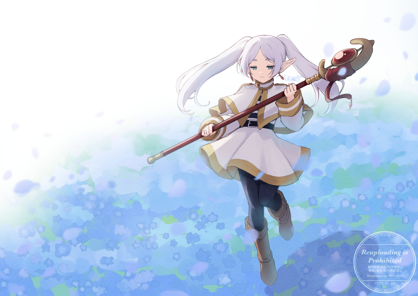 absurdres, belt, black_belt, black_pantyhose, brown_footwear, capelet, closed_mouth, dress, earrings, elf, field, floating_earrings, flower, flower_field, frieren, full_body, green_eyes, highres, holding, holding_staff, jewelry, long_hair, long_sleeves, looking_down, mage_staff, pantyhose, parted_bangs, pointy_ears, sousou_no_frieren, staff, teardrop_earrings, twintails, usui_muu, white_buckle, white_capelet, white_dress