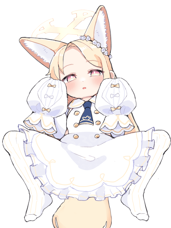 1girl, animal_ears, ascot, blonde_hair, blue_archive, blue_ascot, blush, detached_sleeves