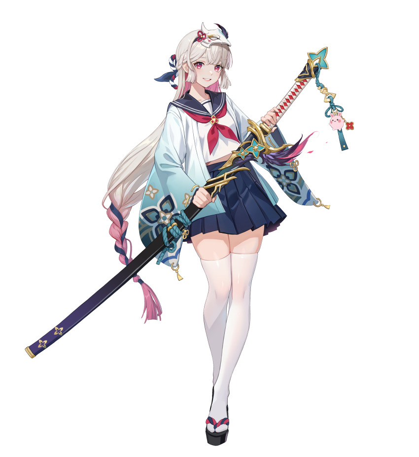 1girl, absurdres, amamiya_mirei, blue_skirt, braid, highres, holding, holding_sword, holding_weapon, japanese_clothes, katana, long_hair, looking_at_viewer, mask, mask_on_head, multicolored_hair, neckerchief, official_art, okobo, platform_sandals, pleated_skirt, red_eyes, red_neckerchief, sailor_collar, sandals, school_uniform, second-party_source, serafuku, skirt, smile, solo, solo_leveling, solo_leveling:_arise, standing, sword, thighhighs, transparent_background, weapon, white_hair, white_serafuku, white_thighhighs, wide_sleeves, zettai_ryouiki