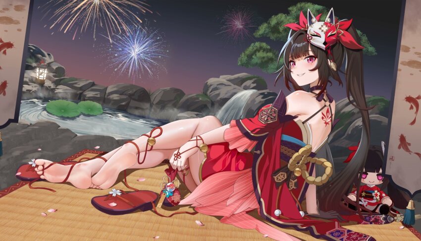 1girl, bare_shoulders, barefoot, black_hair, blush, commentary, doll, english_commentary