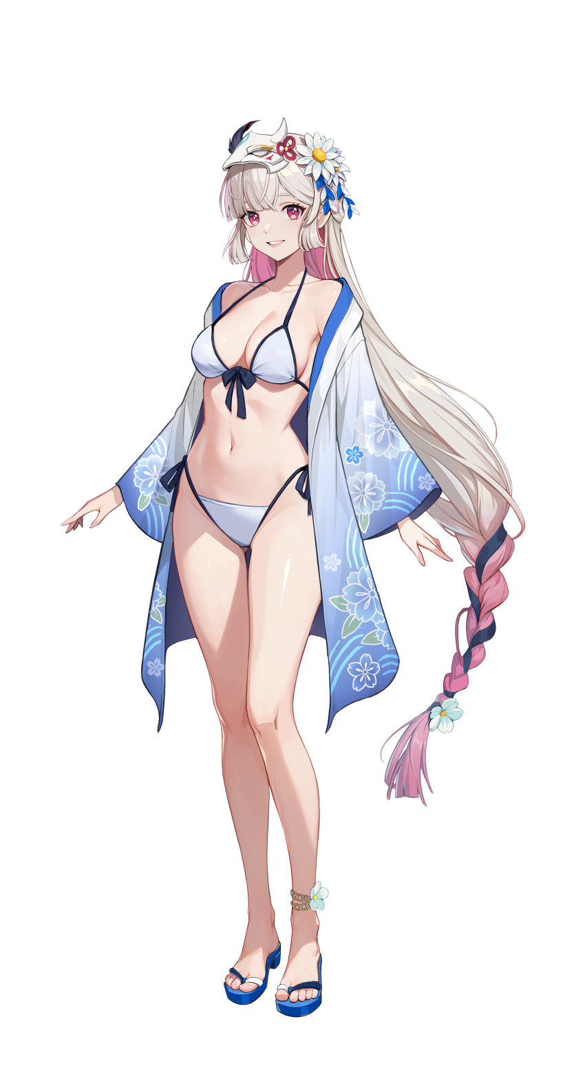 1girl, absurdres, amamiya_mirei, bath_yukata, bikini, braid, breasts, collarbone, flip-flops, flower, grin, hair_flower, hair_ornament, highres, japanese_clothes, kimono, long_hair, medium_breasts, multicolored_hair, navel, official_alternate_costume, official_art, red_eyes, sandals, second-party_source, smile, solo, solo_leveling, solo_leveling:_arise, standing, swimsuit, tachi-e, toes, transparent_background, white_bikini, white_hair, wide_sleeves, yukata