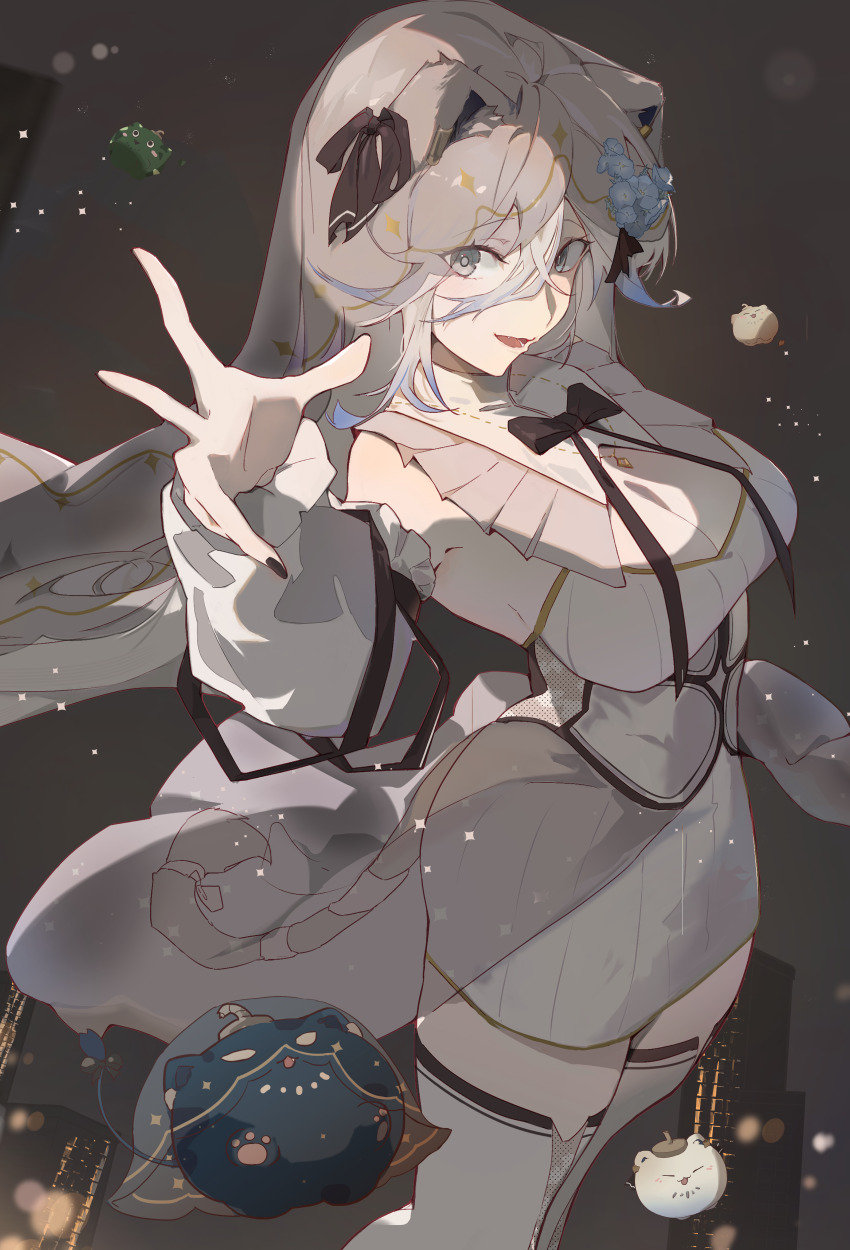 1girl, absurdres, ahoge, animal_ears, black_nails, blue_hair, blurry, bokeh