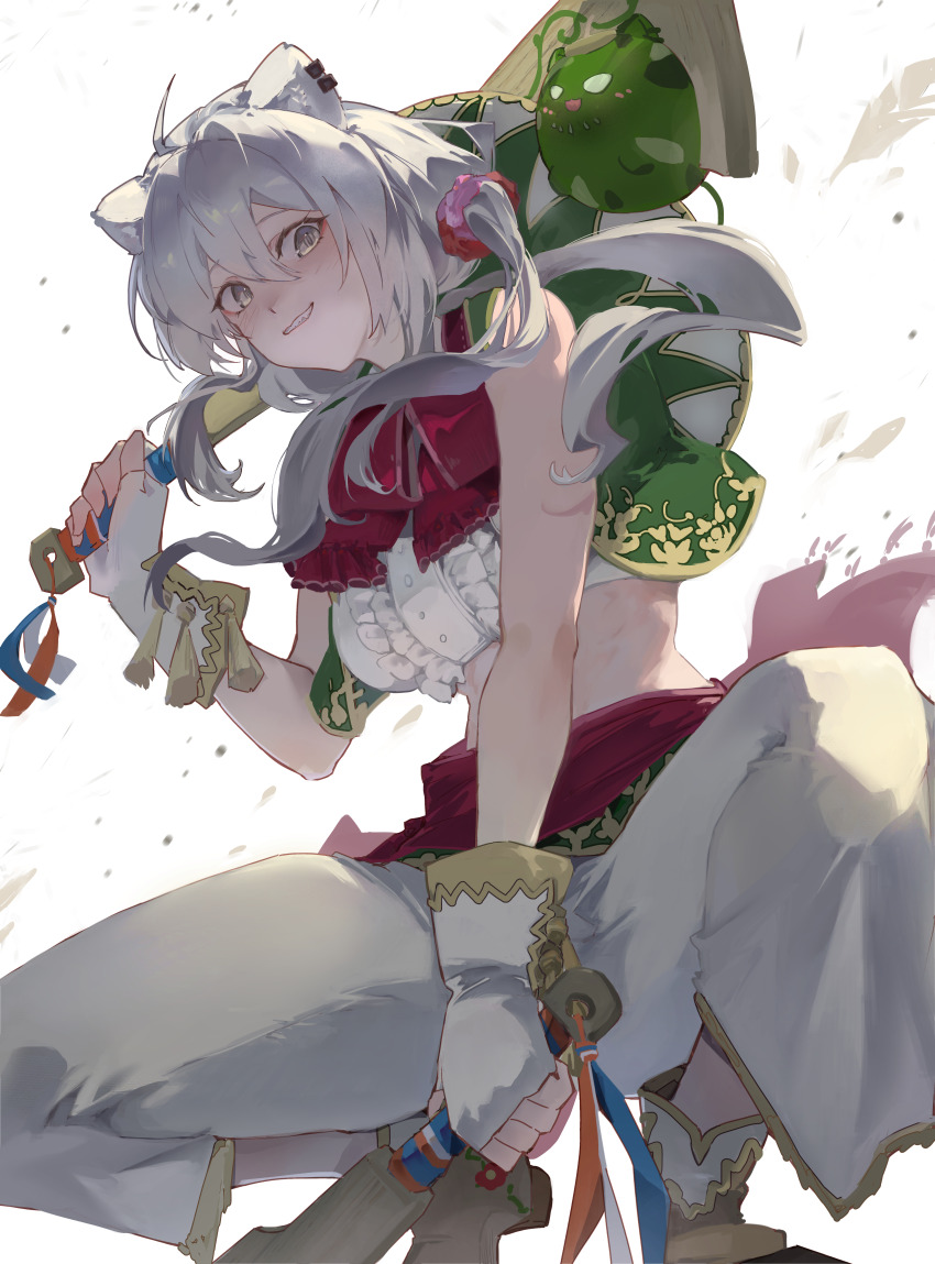 1girl, absurdres, ahoge, animal_ear_piercing, animal_ears, asymmetrical_sidelocks, between_legs, boots, breasts, center_frills, club_(weapon), commentary_request, cosplay, cowboy_boots, crop_top, cropped_shirt, debris, double-parted_bangs, dual_wielding, dust, feet_out_of_frame, fingerless_gloves, frills, from_behind, gloves, green_vest, grey_eyes, grey_hair, grin, hair_between_eyes, hand_between_legs, hat, hat_on_back, highres, holding, holding_weapon, hololive, large_breasts, lily_hawk, lily_hawk_(cosplay), lion_ears, long_hair, long_sidelocks, mariachi, pants, pogamoggan, red_sash, sash, shirt, shishiro_botan, sidelocks, sideways_glance, sleeveless, sleeveless_shirt, slit_pupils, smile, sombrero, squatting, ssrb_(shishiro_botan), street_fighter, street_fighter_6, vest, virtual_youtuber, weapon, white_background, white_footwear, white_gloves, white_pants, white_shirt, wide-eyed, wool1997