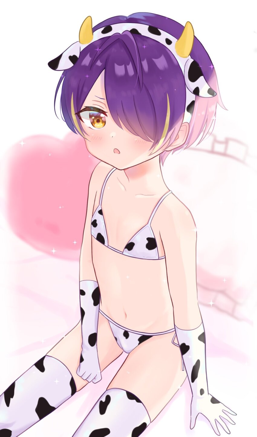 1boy, aged_down, animal_ear_hairband, animal_print, bikini, bulge, commentary_request, cow_ear_hairband, cow_ears, cow_print, cow_print_bikini, cow_print_gloves, cow_print_thighhighs, elbow_gloves, ensemble_stars!, gloves, hair_over_one_eye, highres, lerelere_mu, looking_at_viewer, male_focus, micro_bikini, navel, open_mouth, print_bikini, print_gloves, print_thighhighs, purple_hair, sengoku_shinobu, shota, side-tie_bikini_bottom, solo, stomach, swimsuit, thighhighs, trap