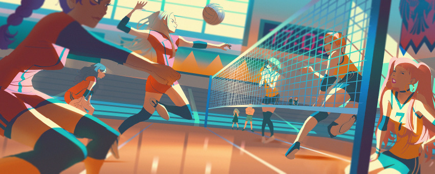 4boys, 6+girls, aqua_shoes, aqua_shorts, ball, bleachers, braid, braided_ponytail