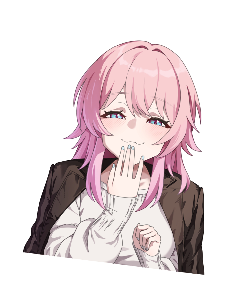 1girl, alternate_costume, blue_eyes, blue_nails, brown_jacket, commentary_request, hands_up, highres