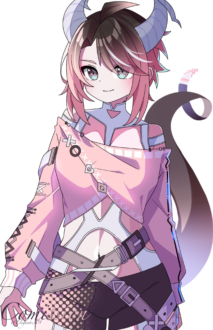 1girl, absurdres, ahoge, belt, borrowed_character, brown_hair, brown_shorts, closed_mouth, commentary, commission, cowboy_shot, cropped_shirt, elegants301, english_commentary, gradient_hair, grey_eyes, highres, horns, long_sleeves, looking_at_viewer, multicolored_hair, navel, off_shoulder, original, pink_hair, pink_shirt, shirt, short_hair, shorts, sidelocks, simple_background, single_horn, smile, solo, standing, swept_bangs, tail, watermark, white_background