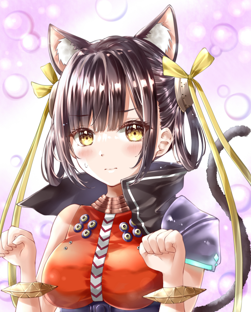 1girl, absurdres, animal_ears, armor, ayaro_(genkiloobaii), black_hair, breasts, cat_ears