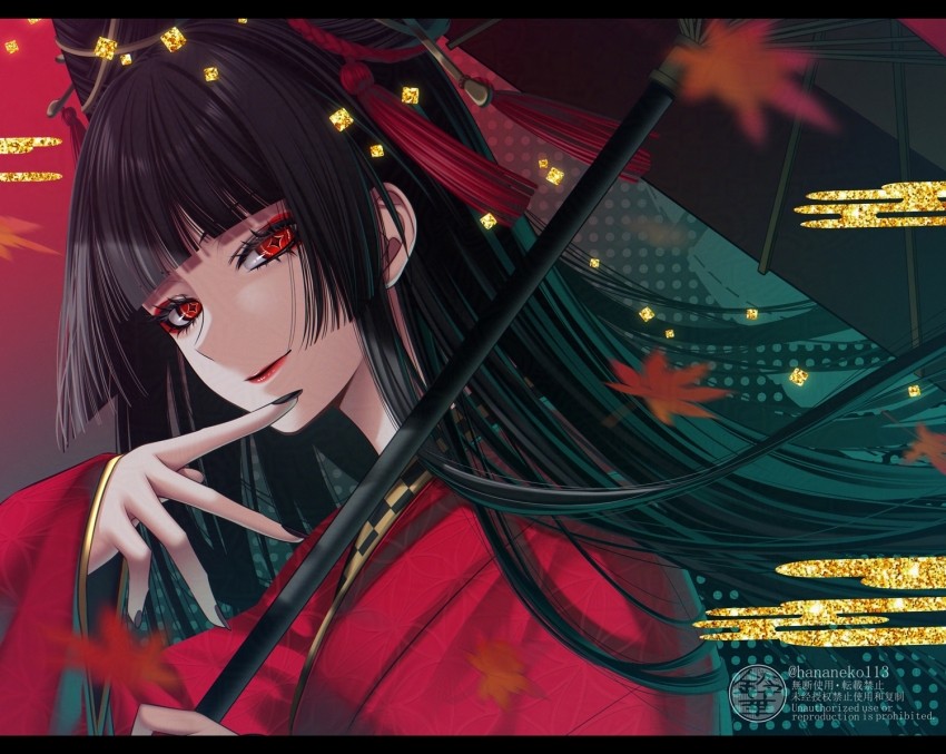 1girl, autumn_leaves, black_hair, blunt_bangs, dress, eye_focus, eyeliner, hime_cut