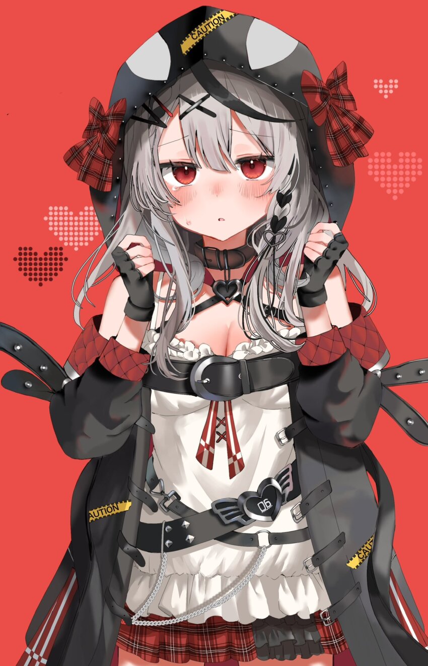 1girl, animal_hood, bare_shoulders, belt, black_collar, black_gloves, black_hair, black_hood