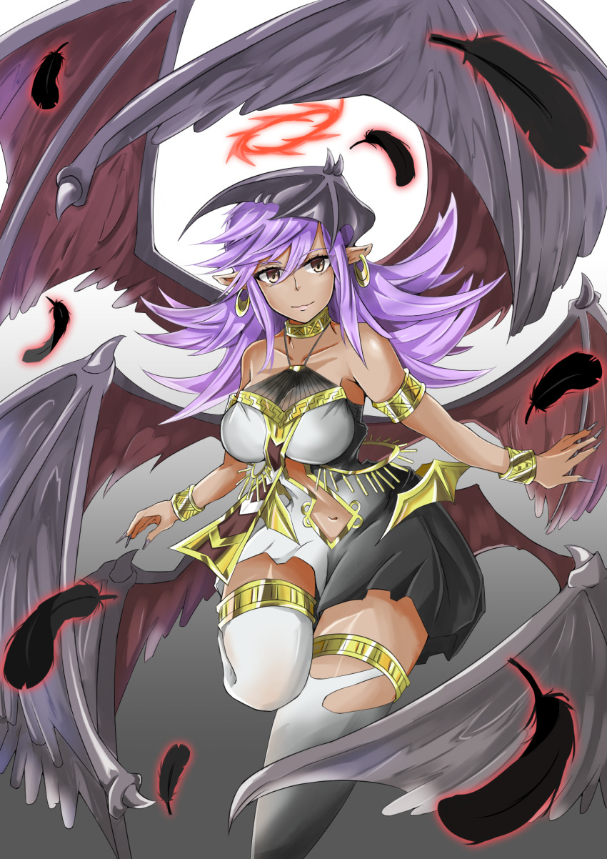 1girl, artist_request, black_feathers, black_wings, breasts, dark-skinned_female, dark_skin, darklord_ixtab