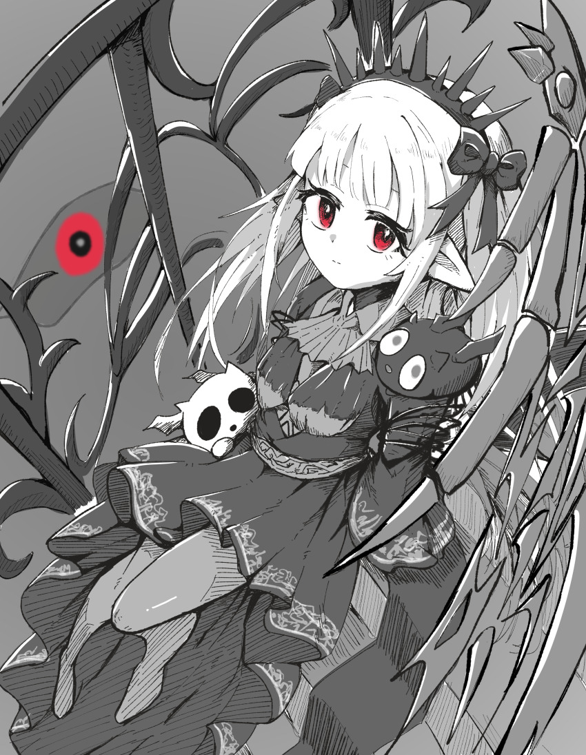 1girl, a_bao_a_qu_the_lightless_shadow, absurdres, black_dress, blunt_bangs, breasts, dress, duel_monster, familiar, gothic_lolita, gtbowl, hair_ribbon, highres, lolita_fashion, looking_at_viewer, monochrome, red_eyes, ribbon, skeletal_wings, small_breasts, solo, tiara, wings, yu-gi-oh!