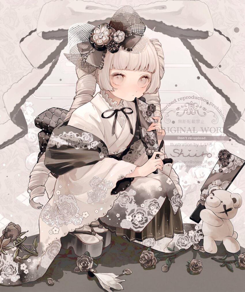 1girl, 2025, black_bow, black_flower, black_rose, black_stole, blunt_bangs, bow