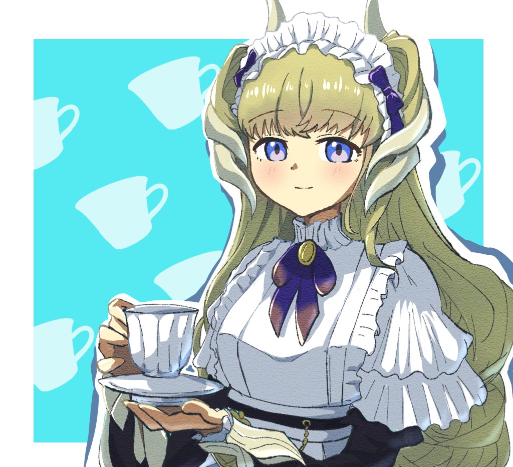 1girl, blonde_hair, blue_eyes, breasts, cup, dragon_girl, dragon_horns, dress