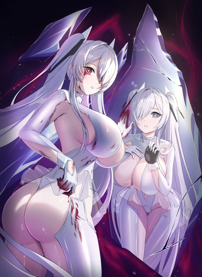 1girl, absurdres, ass, blood, blood_on_face, blue_eyes, bodysuit, breasts
