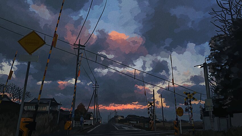 banakotakemaru, bare_tree, building, cloud, cloudy_sky, day, highres, lamppost