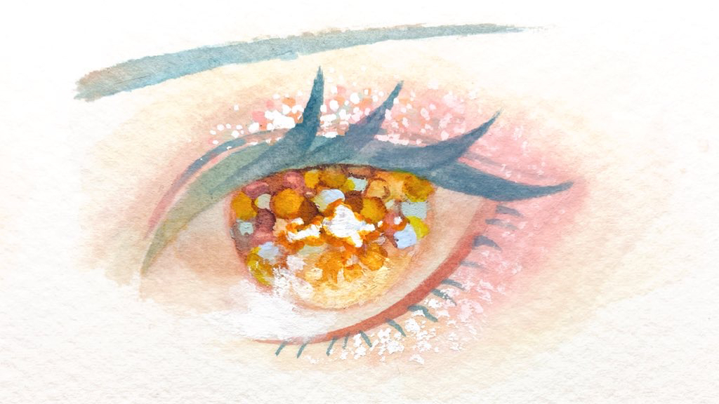 1girl, angela_(project_moon), close-up, colored_eyelashes, eye_focus, eye_glitter, eyeshadow, glitter