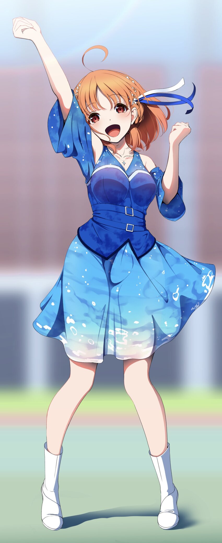 1girl, :d, absurdres, ahoge, amaki-chan_(volfuji), ankle_boots, arm_up, bare_shoulders